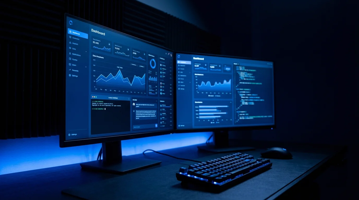 Two monitors with AI dashboards and chat interface