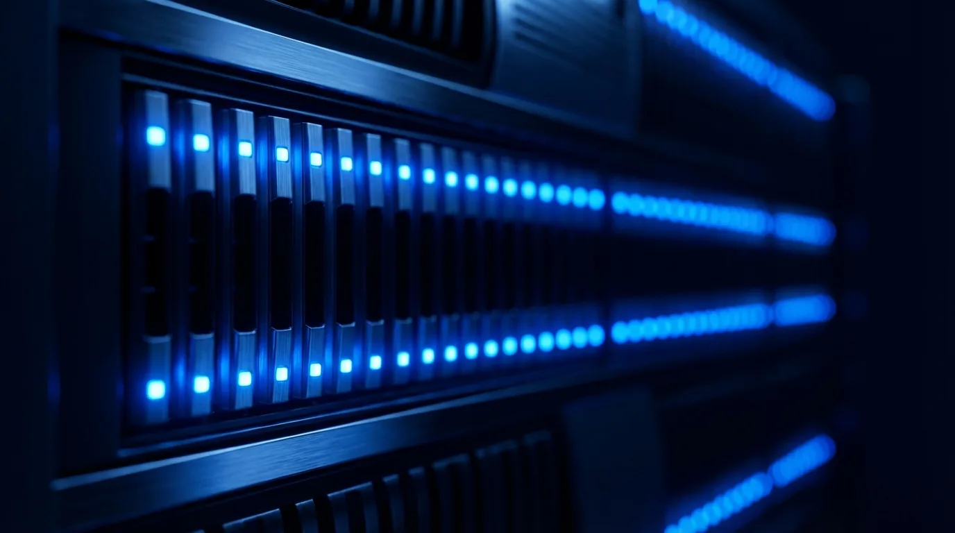 Server rack with blue LED status indicators