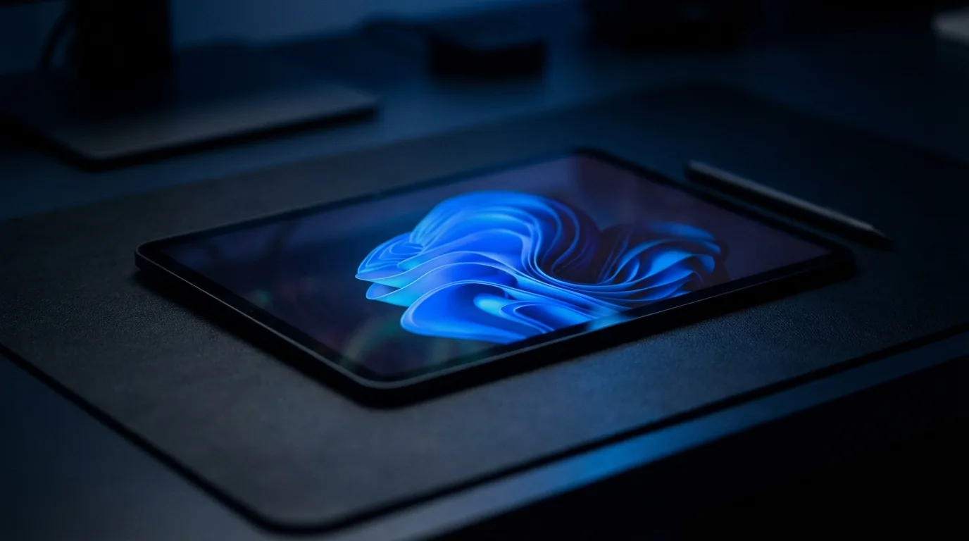 Tablet with abstract AI graphic in shades of blue